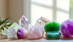 Showcase of best crystals reflecting sunlight, including amethyst and quartz, in a serene setting.