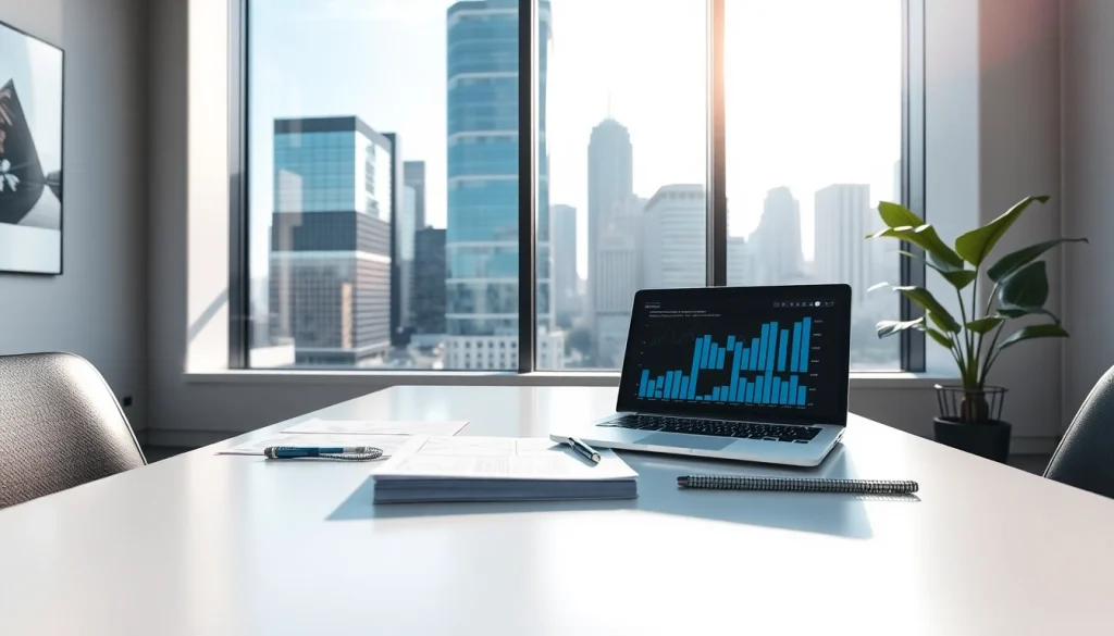 Bewertung für Ihre Immobilie auf https://frankfurt-haus-bewerten.de in einem modernen Büro mit Skyline.