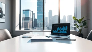 Bewertung für Ihre Immobilie auf https://frankfurt-haus-bewerten.de in einem modernen Büro mit Skyline.