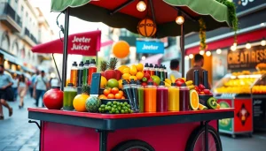 Explore vibrant jeeter juice cart showcasing fresh fruits and colorful vape accessories.