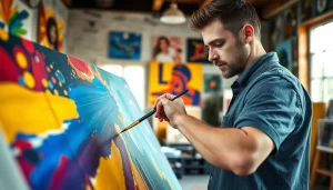 Jentoto menciptakan karya seni digital yang penuh warna dan energi di studio kreatif.