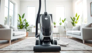 Efficient vacuum elegantly positioned in a modern living room, showcasing its advanced design.