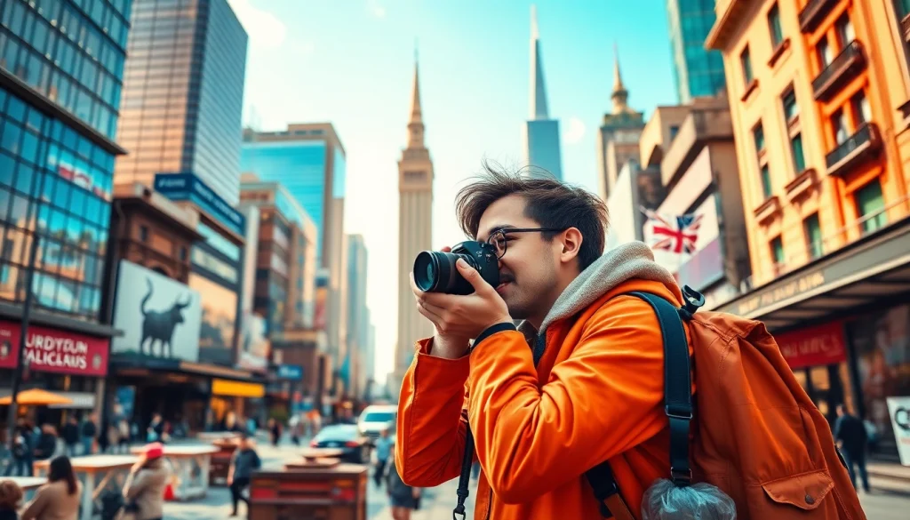 Engaging travel blogger at https://travelvixta.com capturing vibrant city life with cultural props.