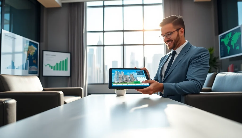 Agent analyzing international real estate opportunities in a modern office environment.