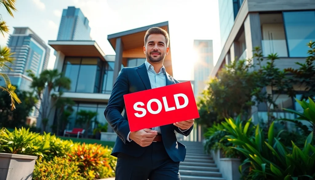 Real Estate agent showcasing a modern property in a vibrant urban environment.