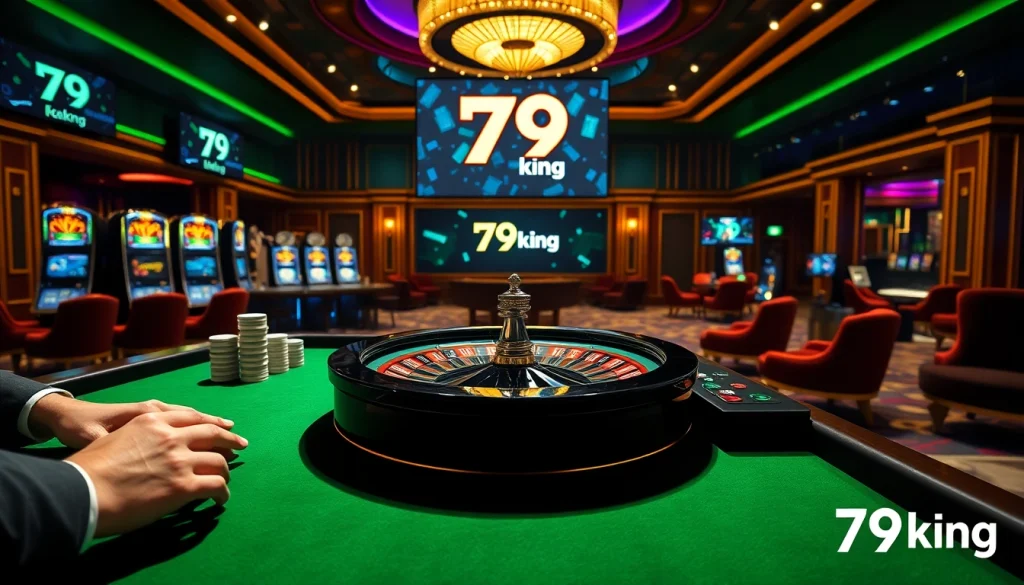 79king-branded casino scene: dealer, roulette, slots, and betting boards