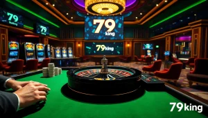 79king-branded casino scene: dealer, roulette, slots, and betting boards