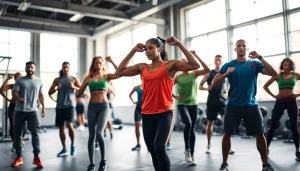 Vêtements de sport pa-sport en action avec des athlètes dans une salle de sport urbaine.