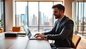 Find opportunities with free job post new york showcased on a laptop in a vibrant New York office setting.