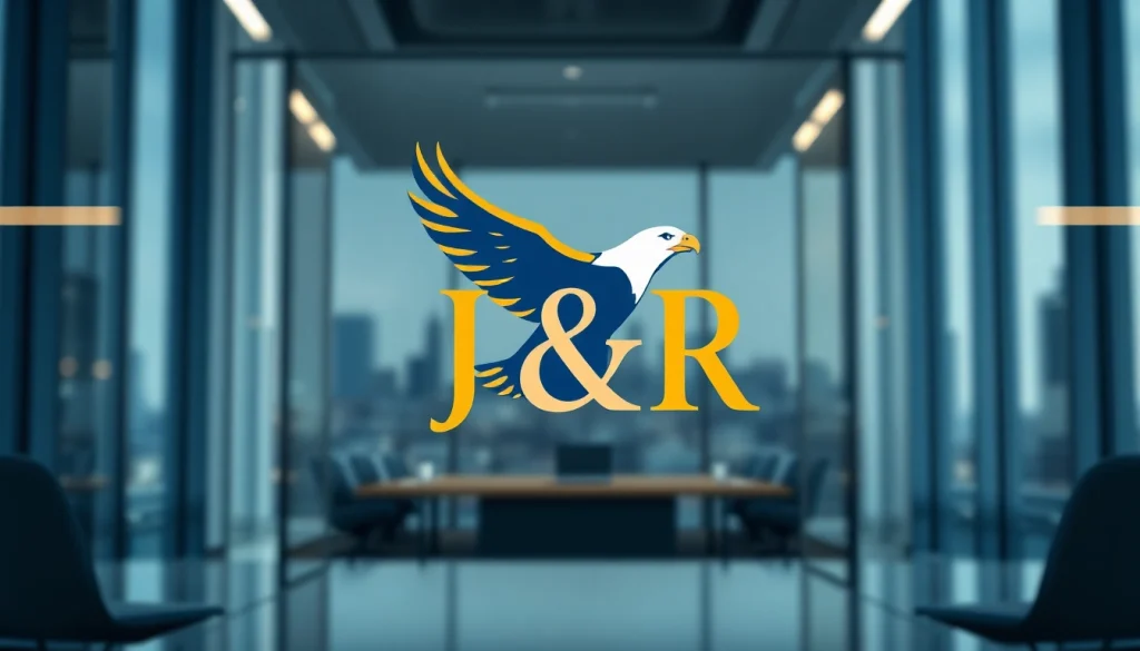 Craft a powerful J&R logo design featuring an eagle, symbolizing ambition and strength in a professional setting.