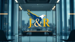 Craft a powerful J&R logo design featuring an eagle, symbolizing ambition and strength in a professional setting.