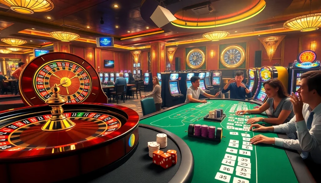 A lively casino scene showcasing roulette wheels, slot machines, and gambling excitement at KJC AC 1.