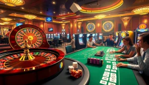 A lively casino scene showcasing roulette wheels, slot machines, and gambling excitement at KJC AC 1.
