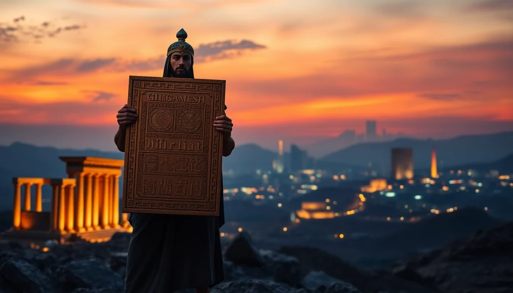 Illustrate the Gilgamesh Project concept with a heroic figure and futuristic landscape representing www.trilgameshproject.com.