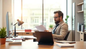 Traducteur assermenté examinant des documents importants dans un environnement professionnel.
