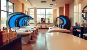 Menciptakan suasana relaksasi di https://revolvesunlesstanningandsalon.com dengan desain salon modern dan perawatan tanning.