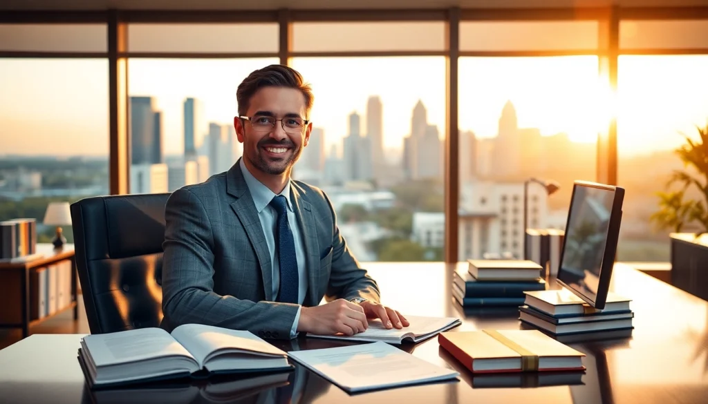 Engaging real estate attorney at https://www.atlantarealestateattorney.com desk with Atlanta skyline backdrop.