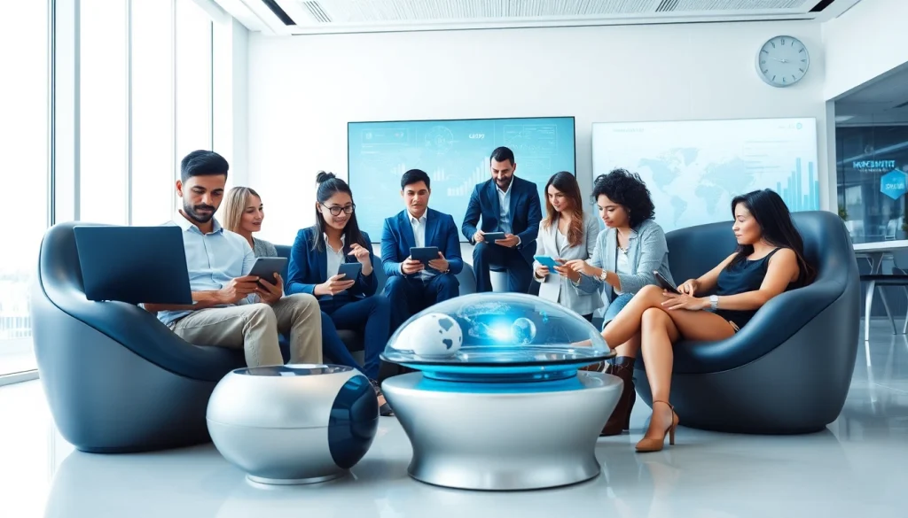 Showcase of Technology in a modern collaborative office environment with diverse individuals working together.