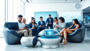 Showcase of Technology in a modern collaborative office environment with diverse individuals working together.