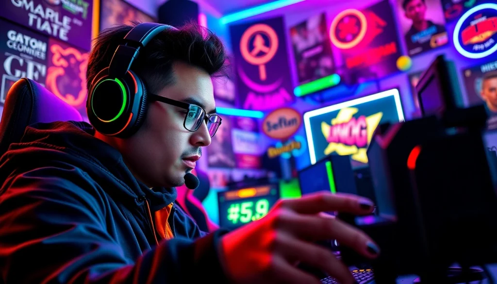 Gamer bermain Unogg game di ruang permainan yang penuh semangat dan peralatan modern.