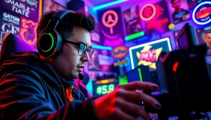 Gamer bermain Unogg game di ruang permainan yang penuh semangat dan peralatan modern.