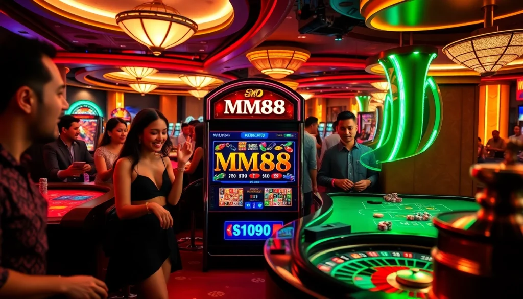 MM88 slot machine attracts players in a lively casino atmosphere with vibrant games and joyous expressions.