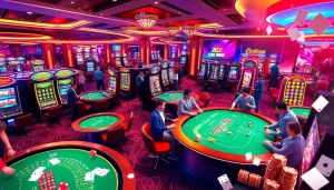 A lively casino scene showcasing tables, cards, and KJC AC 3 promotional elements for an immersive gambling experience.