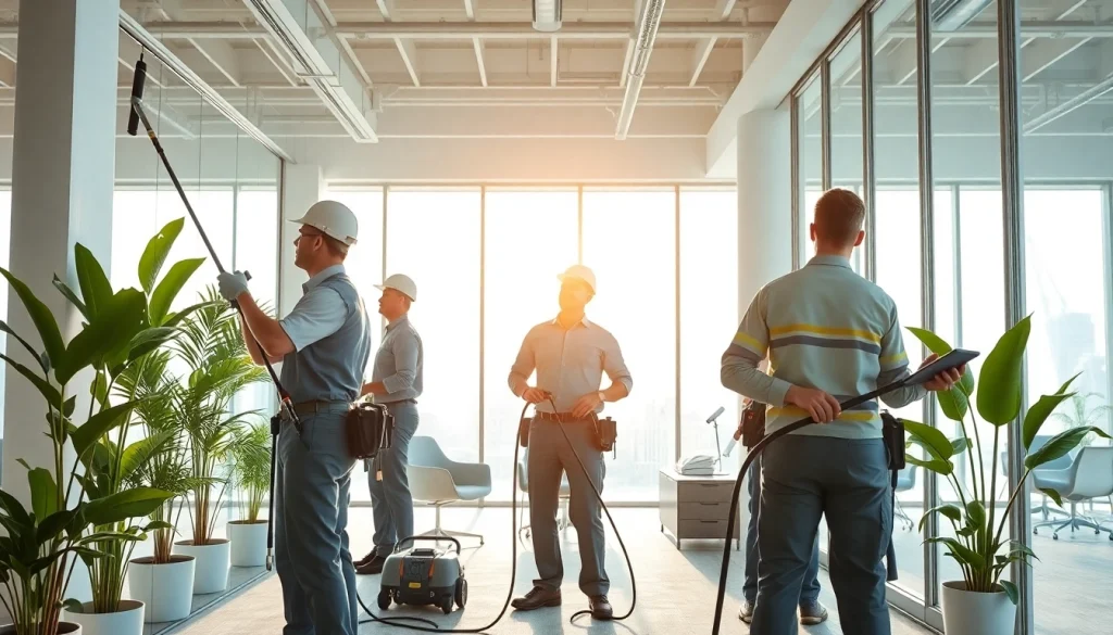 Reinigungsteam bei der Arbeit für https://nm-gebäudeservice.de in einem modernen Büro, das vollständig gepflegt ist.