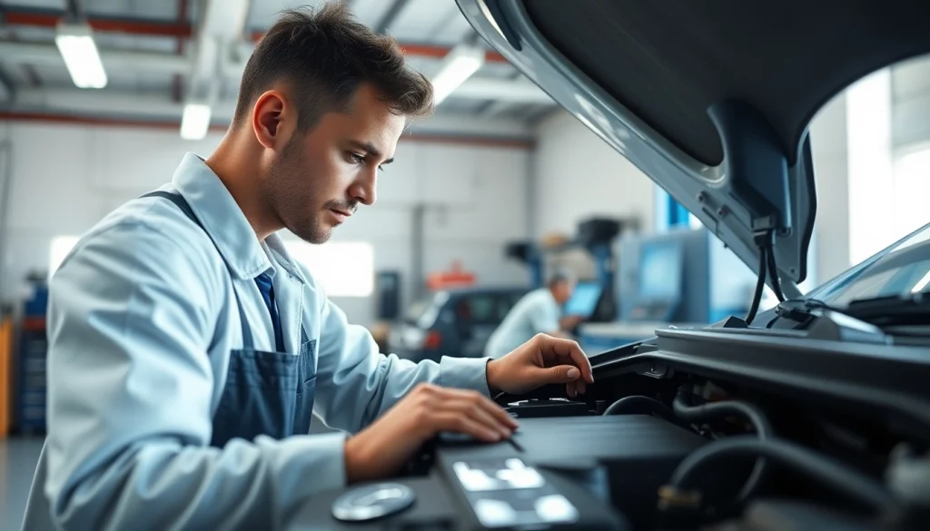 Mechanic performing a Smog Check on a car, ensuring compliance with emissions standards.