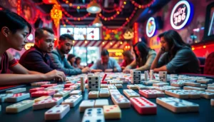 Menampilkan permainan domino88 game dengan pemain antusias dan domino berwarna-warni di atas meja.