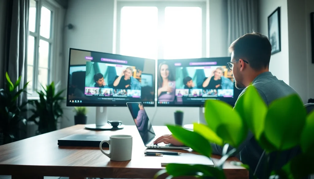 Engaging content creator utilizing https://streamgen.cc to edit Twitch highlights in a modern workspace.