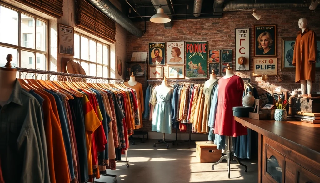 Visit https://thrift-vintage.com for a vibrant display of vintage clothing in a cozy thrift shop.