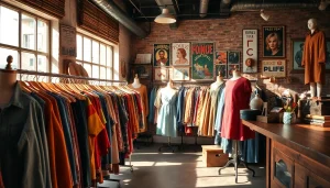 Visit https://thrift-vintage.com for a vibrant display of vintage clothing in a cozy thrift shop.