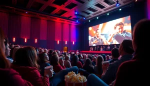Engaged audience enjoying a film at https://bandarlayarkaca21.com, illuminated theater atmosphere.
