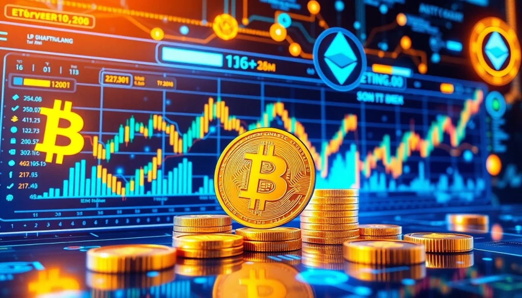 Interfejs handlu Bitcoina i kryptowalut, ilustrujący analitykę blockchain i portfele cyfrowe.