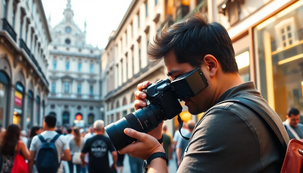Fotografo Milano mentre cattura momenti di vita a Milano, in una scena vivace e dinamica.