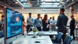 View of a dynamic smm panel interface with social media analytics in a modern office setting.