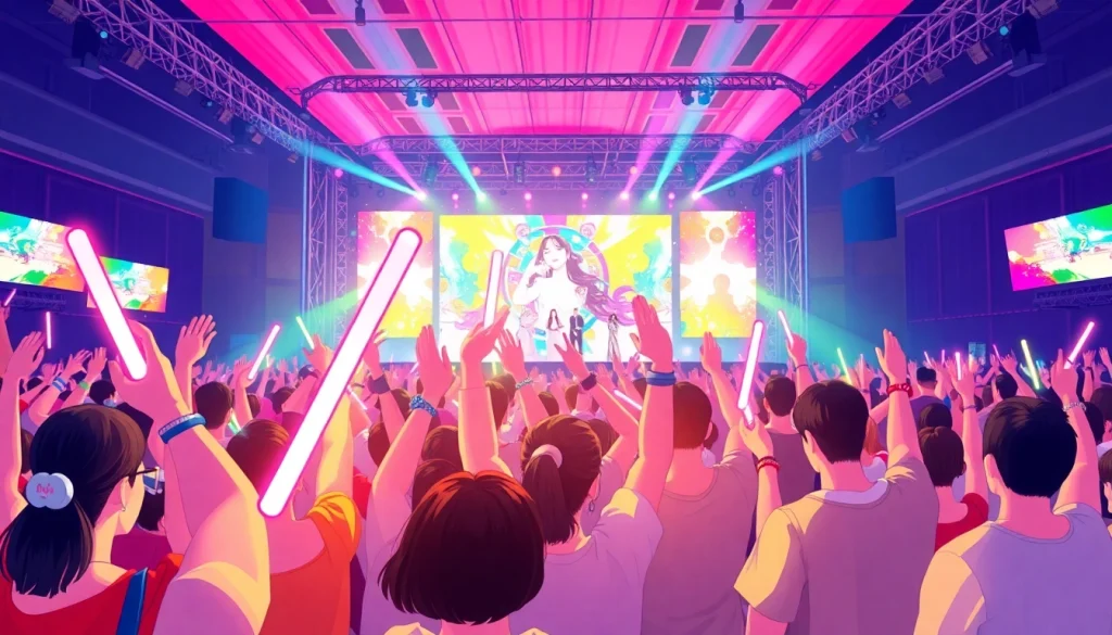 Fans enjoying a concert at https://www.kpopangel.com filled with energy and vibrant colors.