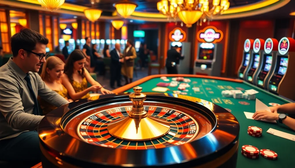 Experience MM88 excitement at a lively roulette table with eager players and vibrant slot machines.