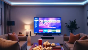 Experience seamless streaming with https://vizomate.com showcased on a modern living room TV.