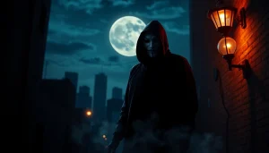 Masked figure in thriller movie poster creates suspense against a dark skyline.