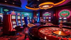 KJC AC 2 Casino scene with poker table, roulette wheel, and slot machines.