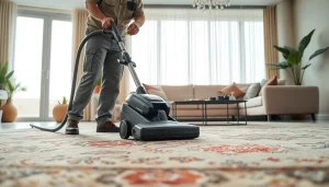 Skilled technician performing carpet cleaning Dubai in a bright modern apartment setting.