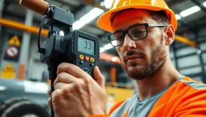 Conducting a noise assessment survey with sound level meter in an industrial environment.