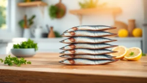 Concentrated visual of proteina sardianas destacando la textura y frescura en una cocina iluminada.
