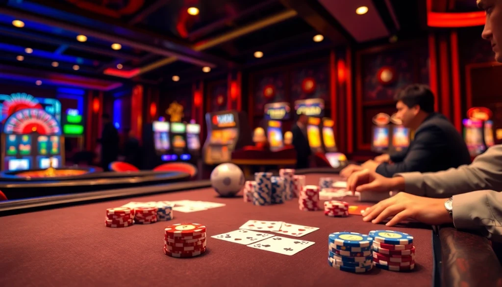 Engage with link vào XX88 at a vibrant casino featuring poker chips and a roulette wheel.