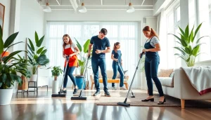 Experienced professionals providing a Cleaning Service in a bright, tidy indoor space.