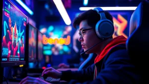 Permainan bensu4d game dengan gamer terfokus di ruang permainan yang dinamis.