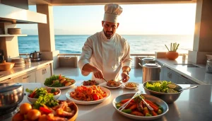 Private chef Sint Maarten creating exquisite dishes in a stunning ocean-view villa kitchen.