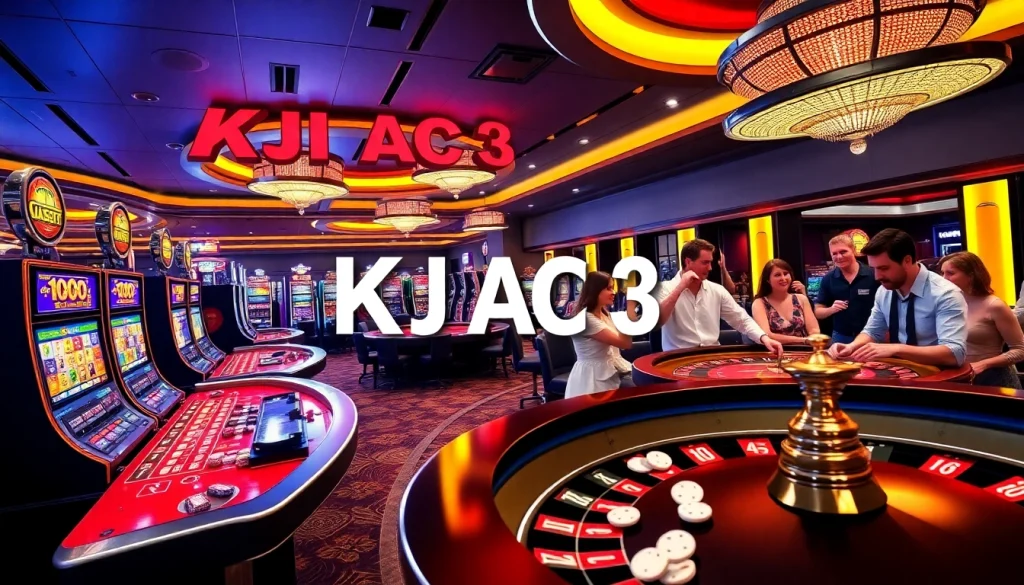 An exciting gambling atmosphere showcasing KJC AC 3 with casino tables, slot machines, and vibrant players enjoying games of chance.